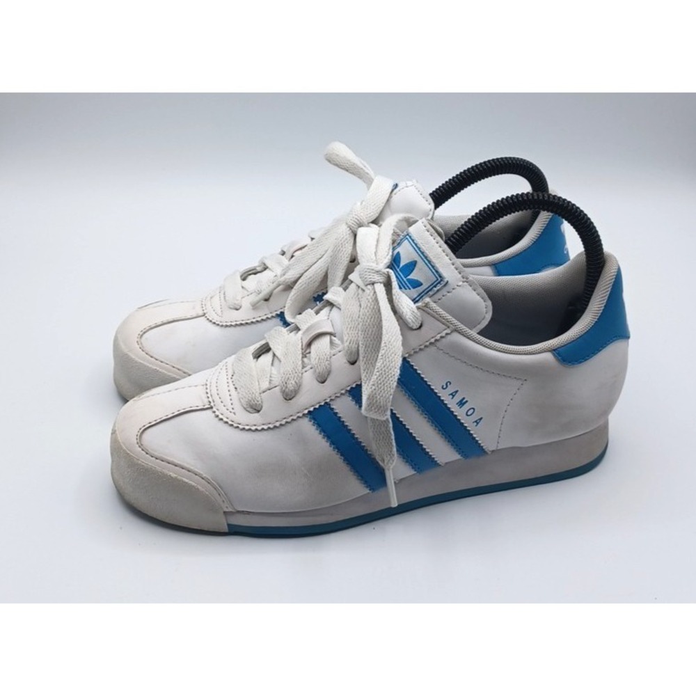Adidas Samoa Sneakers White Shoes Blue Stripes Low Top Retro Women 6.5 EUC